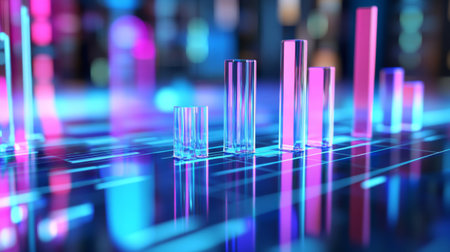 A 3D bar chart with transparent bars and a reflective surface, showcasing financial data with a futuristic and clean look.の素材