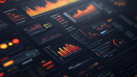 A close-up of a 3D financial dashboard with multiple graphs and charts, including bar, line, and pie graphs, showing comprehensive data analysis in a modern interfaceの素材