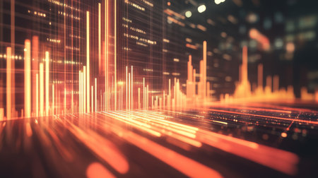 A 3D stock market graph with animated bars and lines, illustrating financial growth and fluctuations in a dynamic, modern setting.の素材