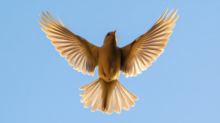 A bird in flight, captured from below, with its wings spread wide against a bright, cloudless sky.の素材