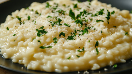 A close-up of a delicious plate of creamy Italian risotto, garnished with fresh herbs and a sprinkle of Parmesan cheese.の素材