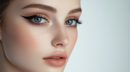 A clear shot of a woman's face with elegant makeup, focusing on her striking cat-eye eyeliner and perfectly blended foundation.の素材