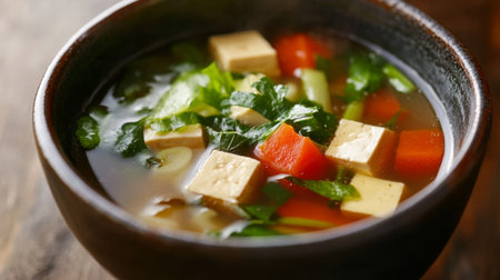 A close-up of a bowl of clear soup with vegetables and tofu pieces floating, showcasing the fresh ingredients and the inviting, warm broth.の素材