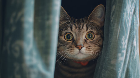 A close-up of a chubby cat peeking out from behind a curtain, with its curious eyes and rounded body partially visible, showcasing its playful and charming personality.の素材