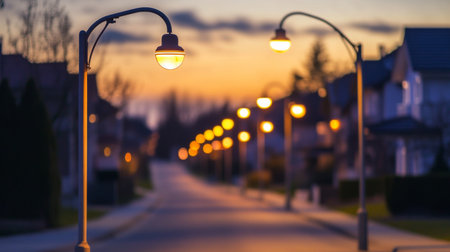A close-up of a row of streetlights along a suburban street, casting a soft, golden glow on the empty road and surrounding houses.の素材