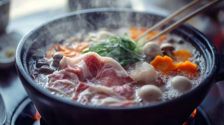 A close-up of a simmering shabu-shabu pot with assorted ingredients such as meat slices, vegetables, and mushrooms, with steam rising and chopsticks ready for use.の素材