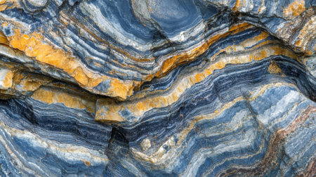 A close-up of a geological rock sample showing layered textures and minerals, with detailed patterns revealing the Earth's crust structure.の素材