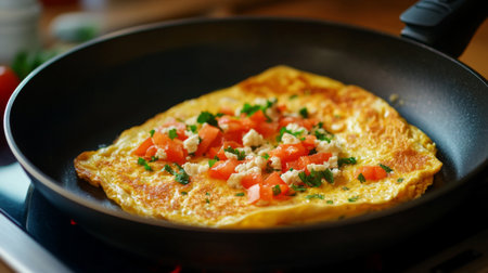 A close-up of a non-stick frying pan with a vibrant omelet being flipped, highlighting the smooth surface and even cooking with minimal oil.の素材