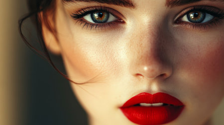 A close-up of a woman's face, highlighting her bold red lipstick and perfectly shaped eyebrows, with the rest of the image subtly blurred.の素材