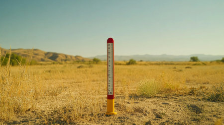 A close-up of a thermometer with a high temperature reading, set against a backdrop of a heatwave-affected landscape.の素材