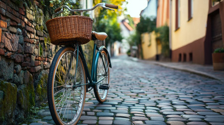 A close-up of a vintage bicycle with a wicker basket, positioned on a cobblestone street with charming, historic buildings nearby.の素材