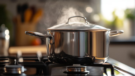 A close-up of a shiny stainless steel pot with a lid slightly ajar, showing a hint of steam escaping, set on a modern stovetop with a blurred kitchen background.の素材