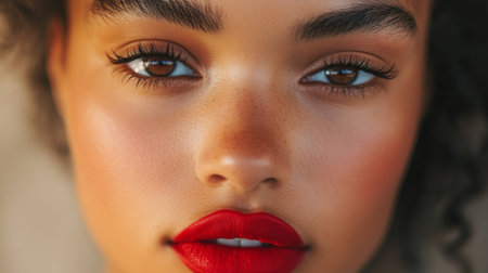 A close-up of a woman's face, highlighting her bold red lipstick and perfectly shaped eyebrows, with the rest of the image subtly blurred.の素材