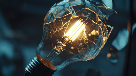 A close-up of a broken light bulb with shattered glass and a dimly lit filament, highlighting the fragility and the remnants of its light-emitting function.の素材