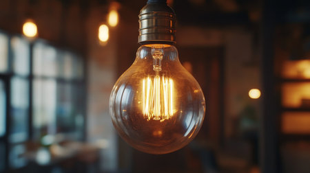 A close-up of a vintage Edison bulb with exposed filaments, casting a soft, ambient glow and creating a stylish, retro atmosphere in a dimly lit room.の素材