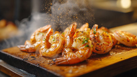 A close-up of grilled shrimp being served on a wooden board, with steam rising and a sprinkle of seasoning, highlighting the appetizing presentation.の素材