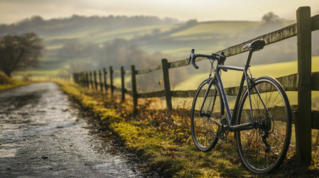 A close-up of a sleek road bike leaning against a wooden fence, with a picturesque countryside background in soft focus.の素材