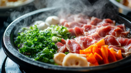 A close-up of a hot pot with an assortment of sliced meats and vegetables, showing the vibrant and fresh ingredients as they cook in the steaming broth.の素材