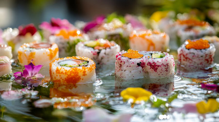 A close-up of colorful sushi rolls floating on a platter filled with water, with vibrant garnishes and reflections adding a unique and artistic touch.の素材