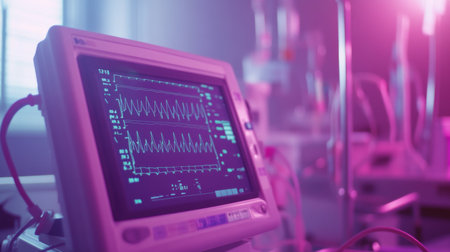 A close-up of an ECG machine with its screen displaying heart rhythms, surrounded by the sterile environment of a hospital.の素材