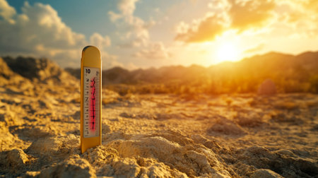 A close-up of a thermometer with a high temperature reading, set against a backdrop of a heatwave-affected landscape.の素材