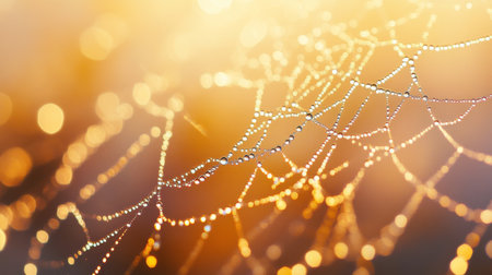 A macro shot of morning dew droplets resting on a spider web, sparkling in the early sunlight, creating a mesmerizing, intricate pattern.の素材