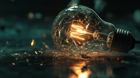 A close-up of a broken light bulb with shattered glass and a dimly lit filament, highlighting the fragility and the remnants of its light-emitting function.の素材