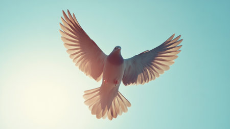 A bird in flight, captured from below, with its wings spread wide against a bright, cloudless sky.の素材