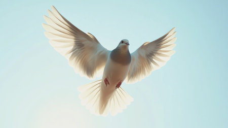 A bird in flight, captured from below, with its wings spread wide against a bright, cloudless sky.の素材