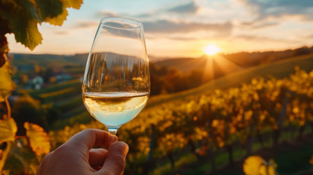 A glass of white wine held up against the light, with the golden hues of the wine glowing, and a vineyard visible in the background.の素材