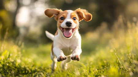 A close-up of a dog face as it runs with its tongue out, capturing the pure happiness and energy of the moment.の素材