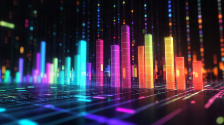 A 3D bar chart with glowing bars in various colors, representing different financial metrics, against a dark, futuristic backdrop.の素材
