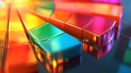 A close-up of a 3D pie chart with vibrant segments, showing a detailed breakdown of financial data with a reflective surface.の素材