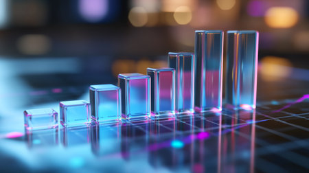 A 3D bar chart with transparent bars and a reflective surface, showcasing financial data with a futuristic and clean look.の素材