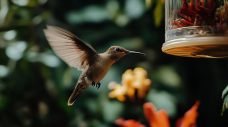 A close-up of a bird hovering near a feeder, wings blurred with motion, surrounded by nearby garden plants.の素材
