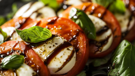 A close-up of a classic Caprese salad with ripe tomatoes, fresh mozzarella, basil leaves, and a drizzle of balsamic glaze.の素材