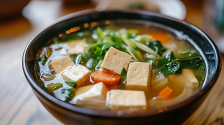 A close-up of a bowl of clear soup with vegetables and tofu pieces floating, showcasing the fresh ingredients and the inviting, warm broth.の素材
