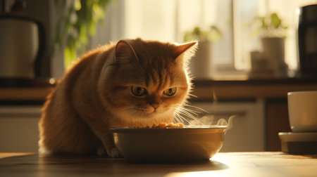 A chubby cat enjoying a meal from its bowl, with a nearby kitchen setting and sunlight filtering in.の素材