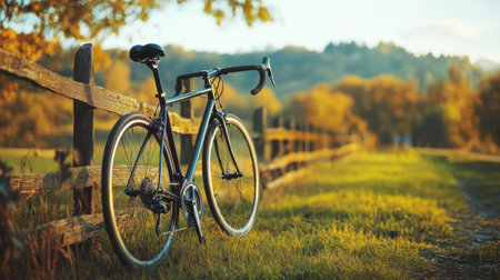 A close-up of a sleek road bike leaning against a wooden fence, with a picturesque countryside background in soft focus.の素材
