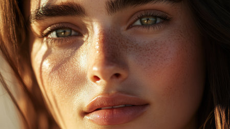 A close-up of a woman face with natural light enhancing her smooth, clear skin, emphasizing her healthy and vibrant complexion.の素材