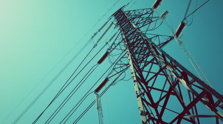 A close-up of a tall electrical transmission tower with intricate metalwork and high-voltage power lines against a clear blue sky.の素材