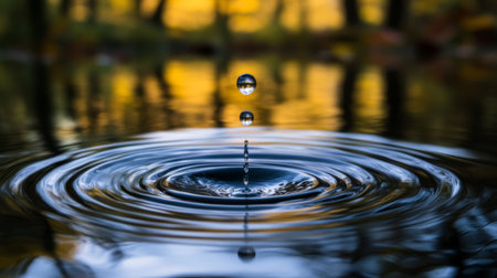 A water droplet falling into a calm pool, creating ripples that expand outward, symbolizing tranquility and the beauty of nature's simplicity.の素材
