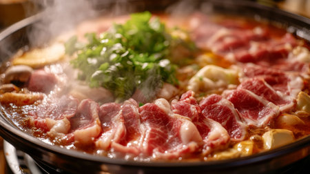 A close-up of a hot pot with an assortment of sliced meats and vegetables, showing the vibrant and fresh ingredients as they cook in the steaming broth.の素材