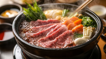 A close-up of a shabu-shabu meal from above, showcasing thinly sliced beef and fresh vegetables cooking in a bubbling hot pot, with chopsticks and dipping sauces on the side.の素材