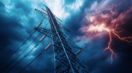 A detailed image of a high-voltage electrical tower with its metal framework and power lines, set against a dramatic stormy sky.の素材