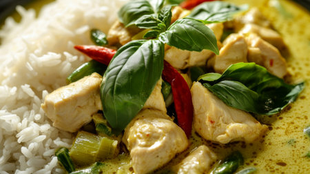 A close-up view of Green Curry with chicken, bamboo shoots, and Thai basil, served over a bed of fluffy jasmine rice.の素材