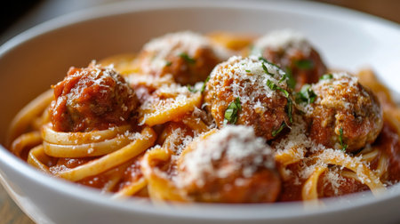 A close-up view of a bowl of Italian pasta with rich marinara sauce, topped with meatballs and a sprinkle of grated Parmesan.の素材