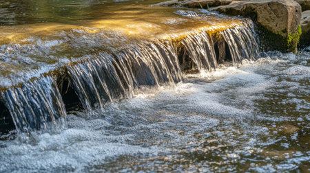 A close-up of water flowing over a weir, with the texture of the water and the surrounding rocks clearly defined.の素材