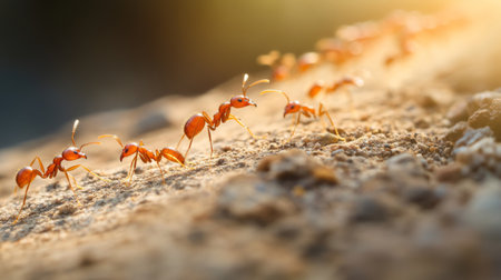 A close-up view of a line of ants marching along a trail, with a focus on their tiny details and intricate movements.の素材