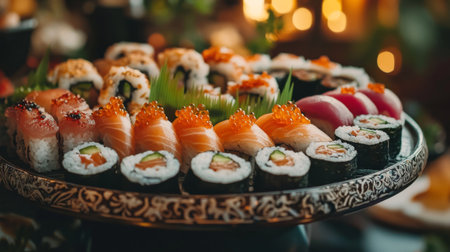 A detailed shot of a beautifully arranged sushi platter with various rolls and garnishes, presented on a decorative serving dish.の素材